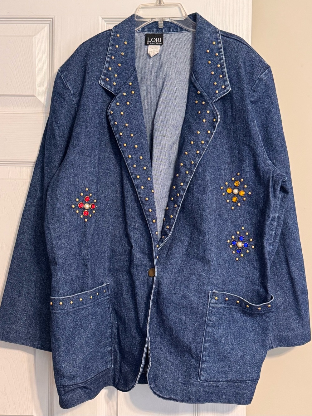Vintage Lori of California Gold Stud Colorful Gem Embellishment Denim Blazer 18
